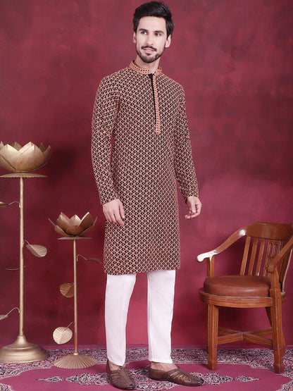 Jompers Men's Sequins Embroidered Kurta with Pyjama - Orange