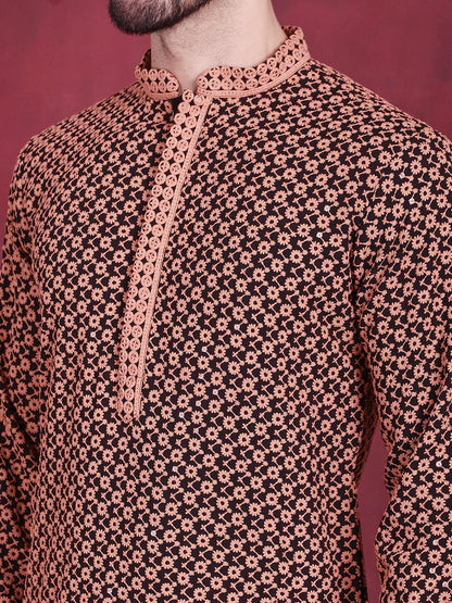 Jompers Men's Sequins Embroidered Kurta with Pyjama - Orange
