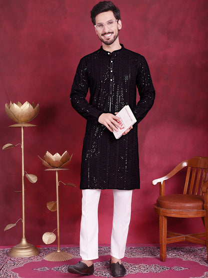 Jompers Men's Sequins Chikankari Embroidered Kurta with Pyjama - Black