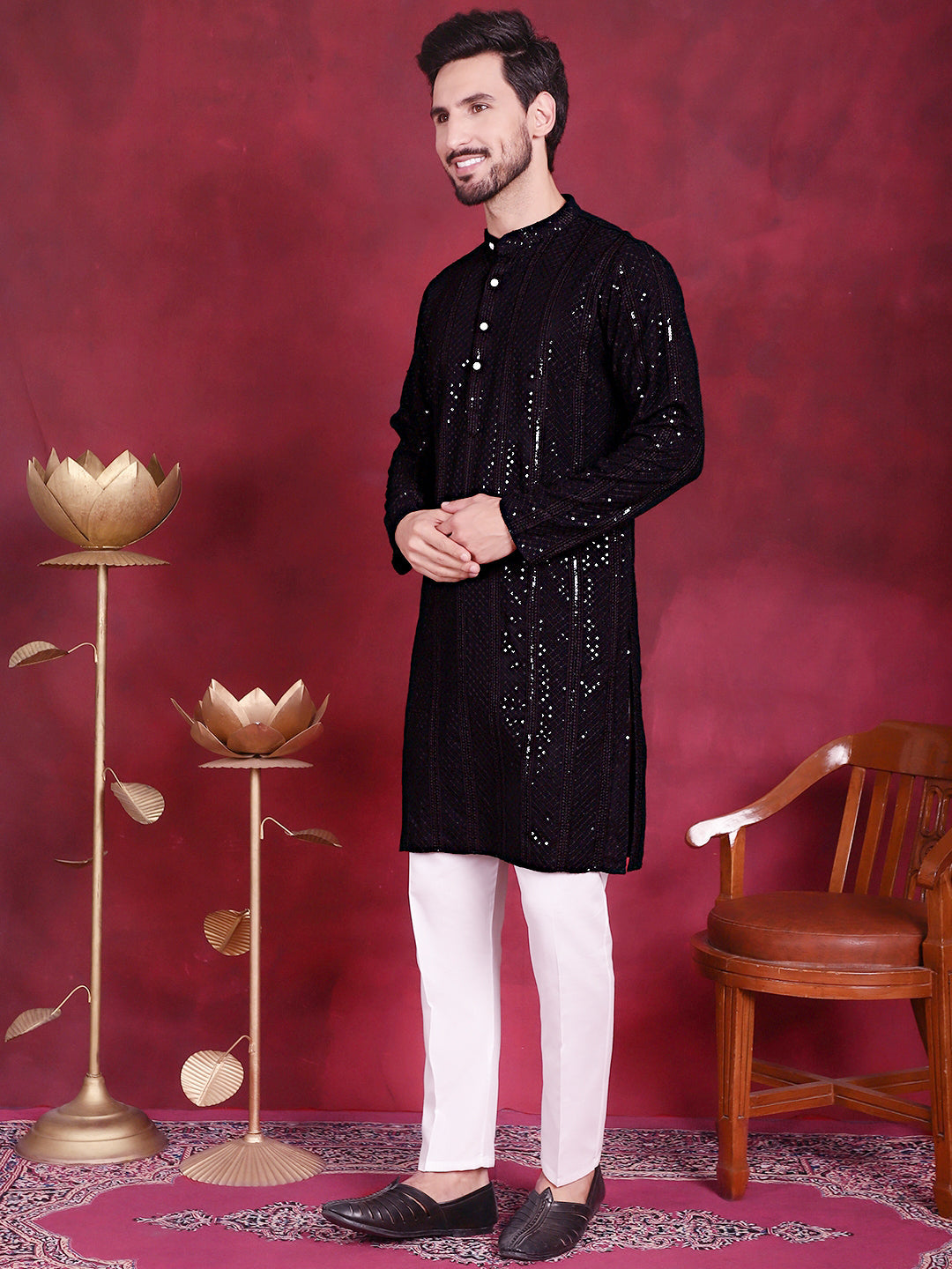 Jompers Men's Sequins Chikankari Embroidered Kurta with Pyjama - Black