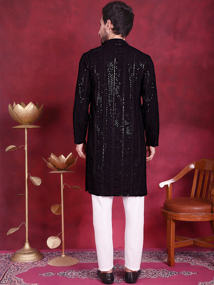 Jompers Men's Sequins Chikankari Embroidered Kurta with Pyjama - Black
