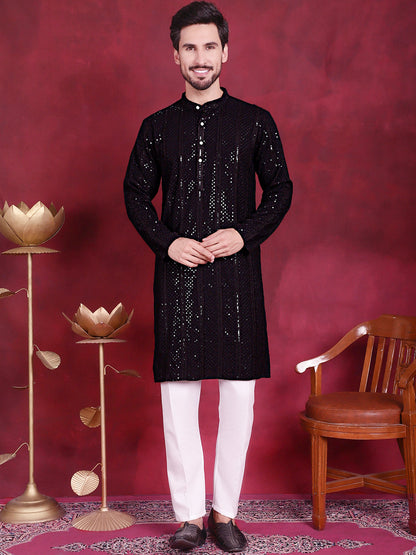 Jompers Men's Sequins Chikankari Embroidered Kurta with Pyjama - Black