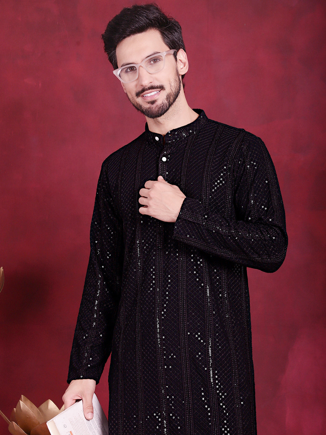 Jompers Men's Sequins Chikankari Embroidered Kurta with Pyjama - Black