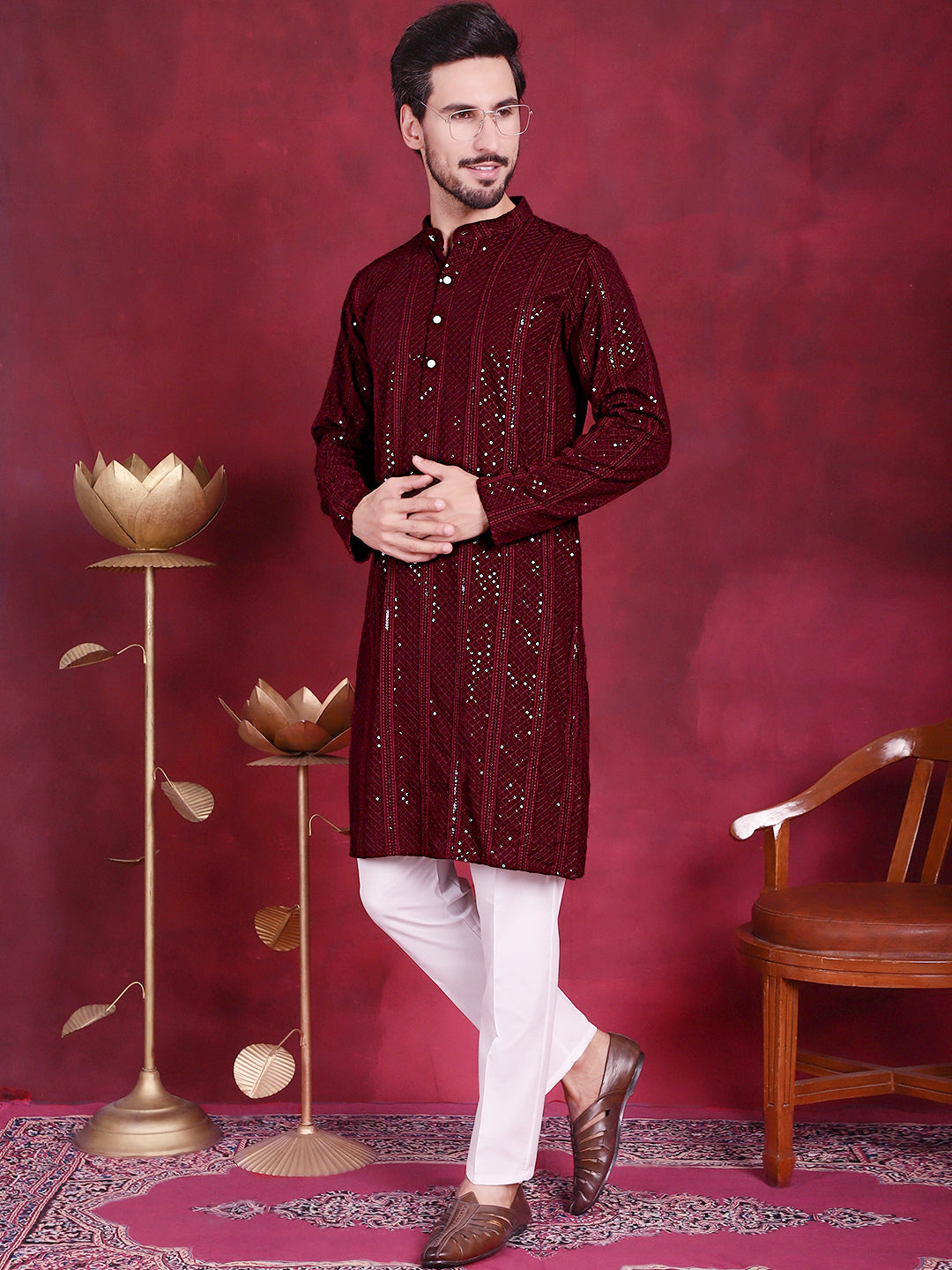 Jompers Men's Sequins Chikankari Embroidered Kurta with Pyjama - Maroon