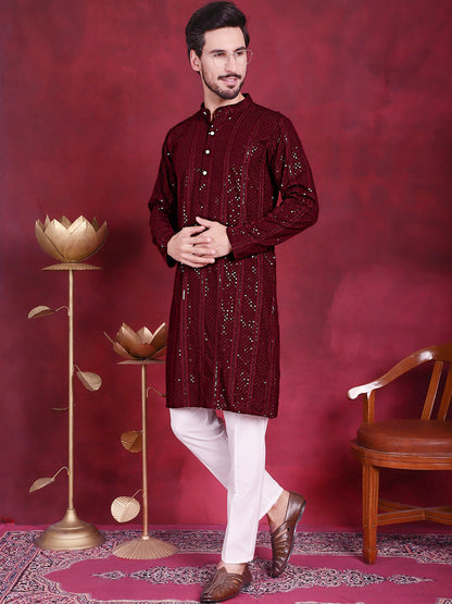 Jompers Men's Sequins Chikankari Embroidered Kurta with Pyjama - Maroon