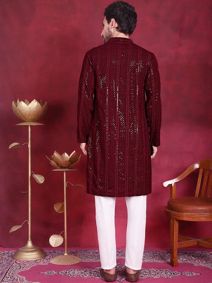 Jompers Men's Sequins Chikankari Embroidered Kurta with Pyjama - Maroon