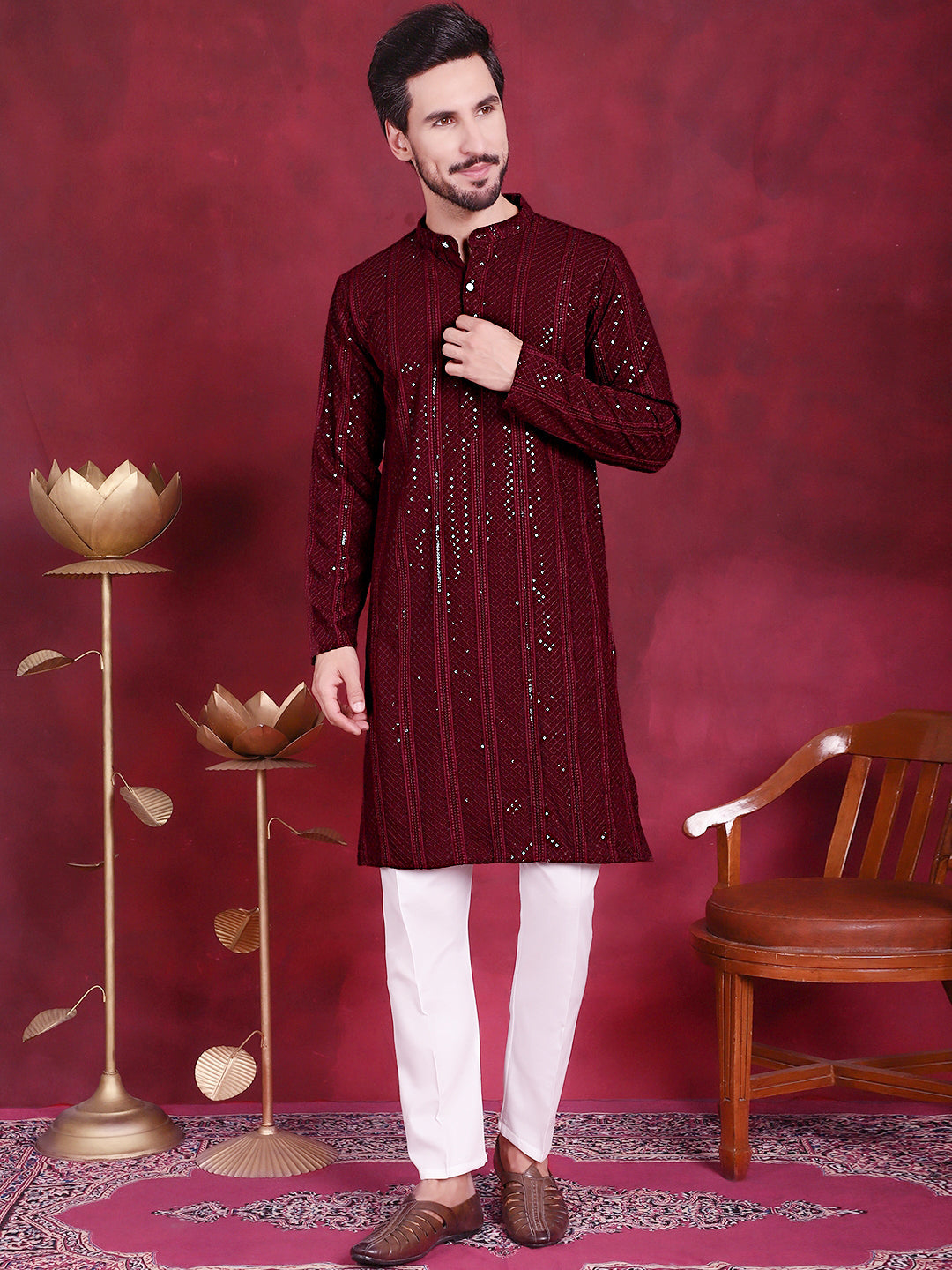 Jompers Men's Sequins Chikankari Embroidered Kurta with Pyjama - Maroon