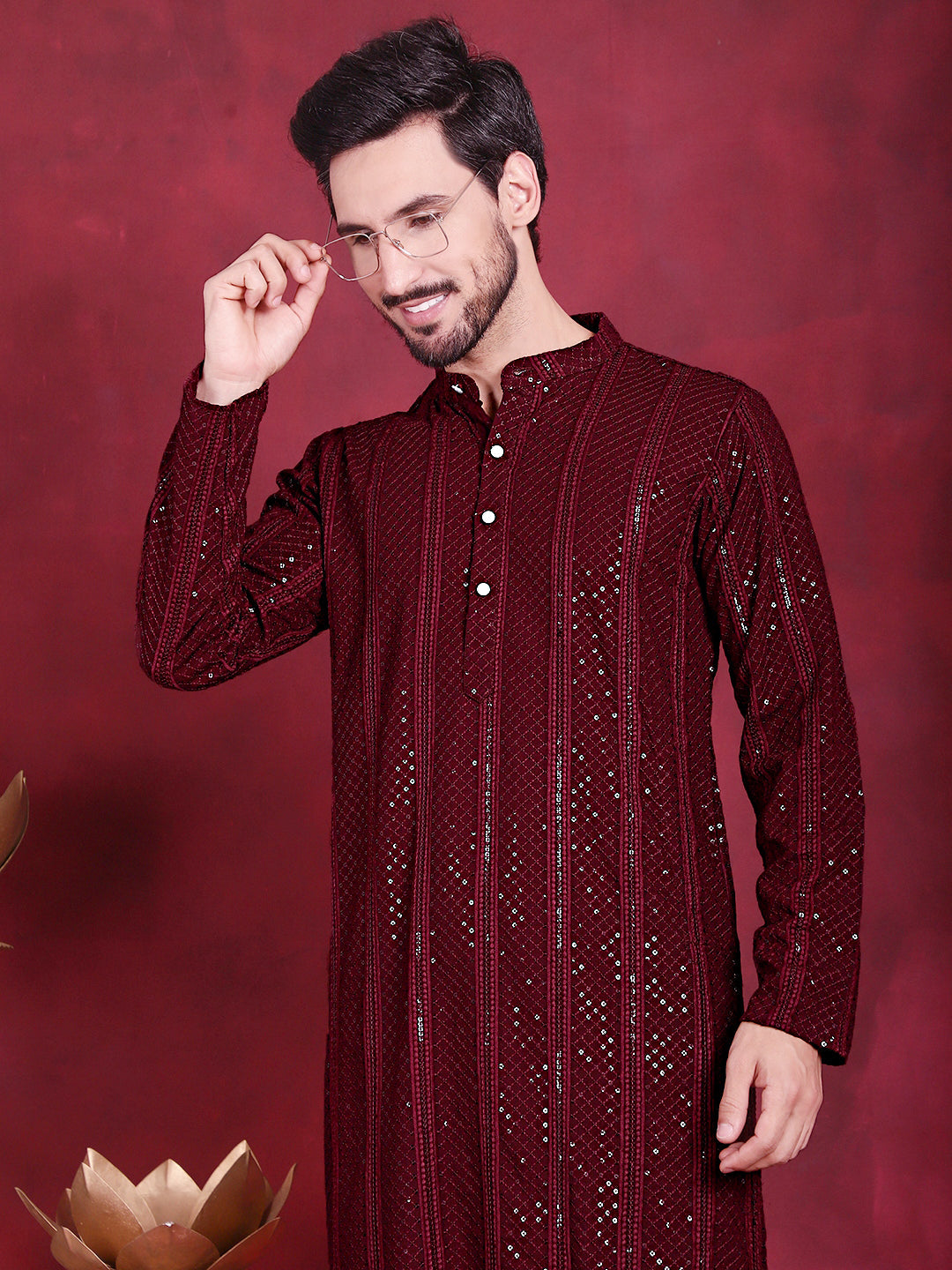 Jompers Men's Sequins Chikankari Embroidered Kurta with Pyjama - Maroon