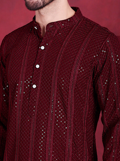 Jompers Men's Sequins Chikankari Embroidered Kurta with Pyjama - Maroon