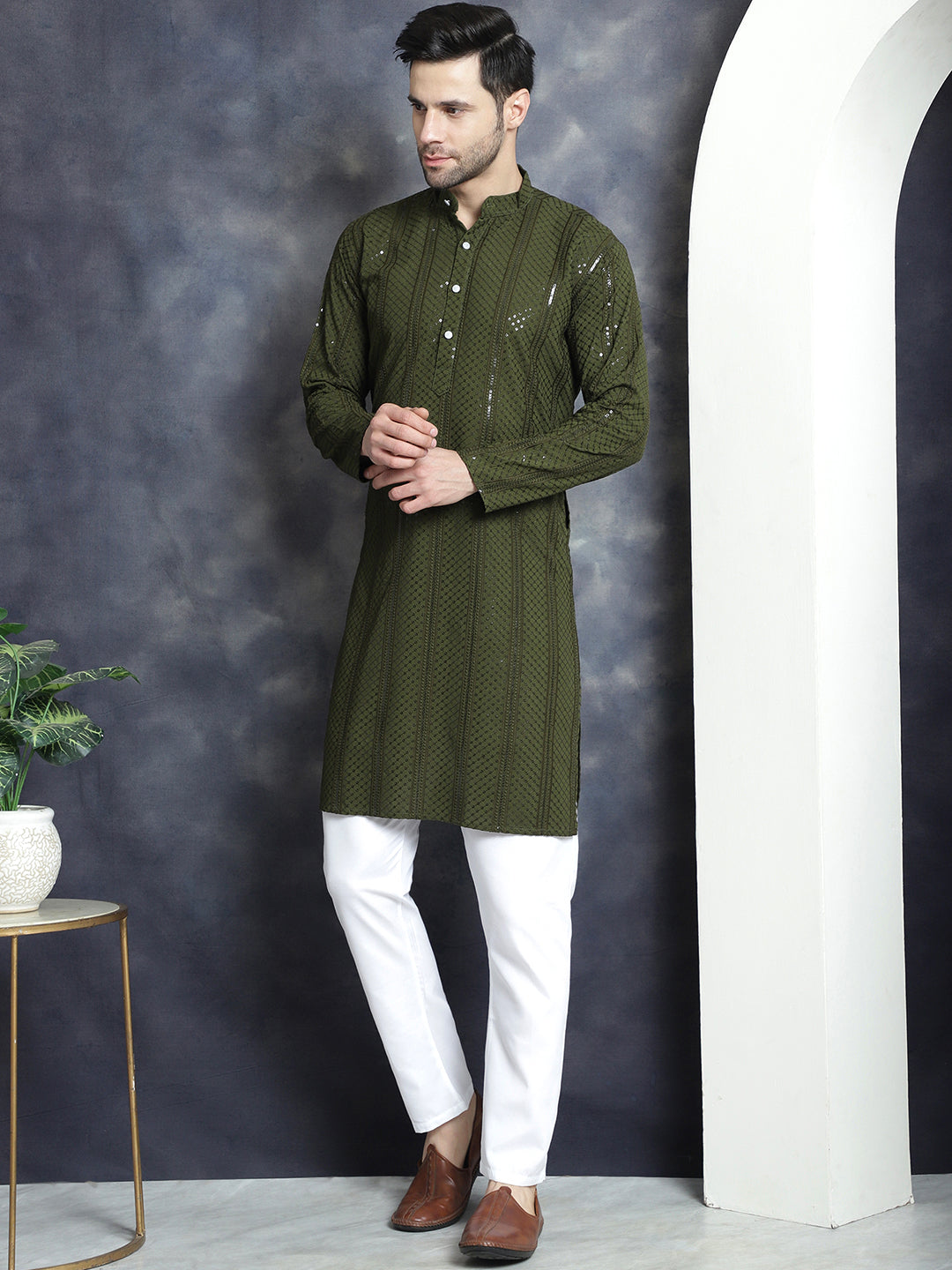 Jompers Men's Sequins Chikankari Embroidered Kurta with Pyjama - Mehndi