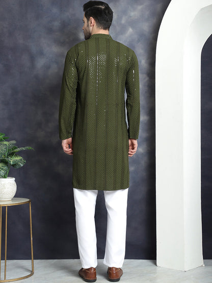 Jompers Men's Sequins Chikankari Embroidered Kurta with Pyjama - Mehndi