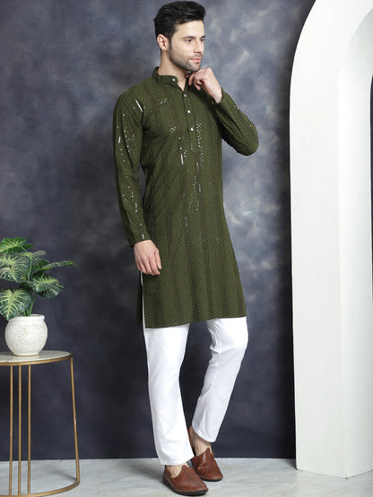 Jompers Men's Sequins Chikankari Embroidered Kurta with Pyjama - Mehndi