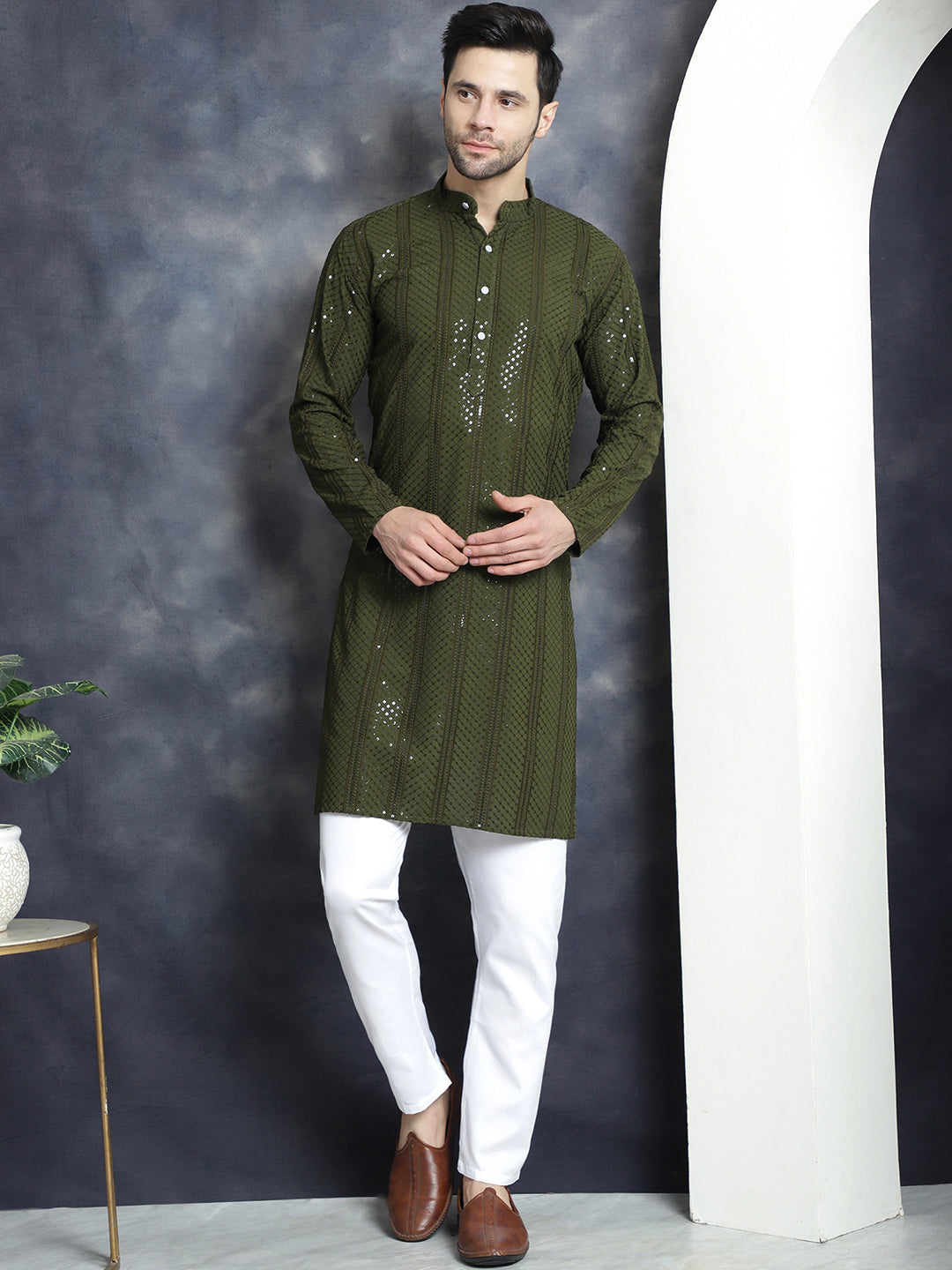 Jompers Men's Sequins Chikankari Embroidered Kurta with Pyjama - Mehndi