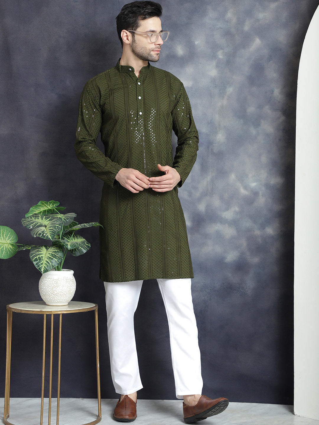 Jompers Men's Sequins Chikankari Embroidered Kurta with Pyjama - Mehndi