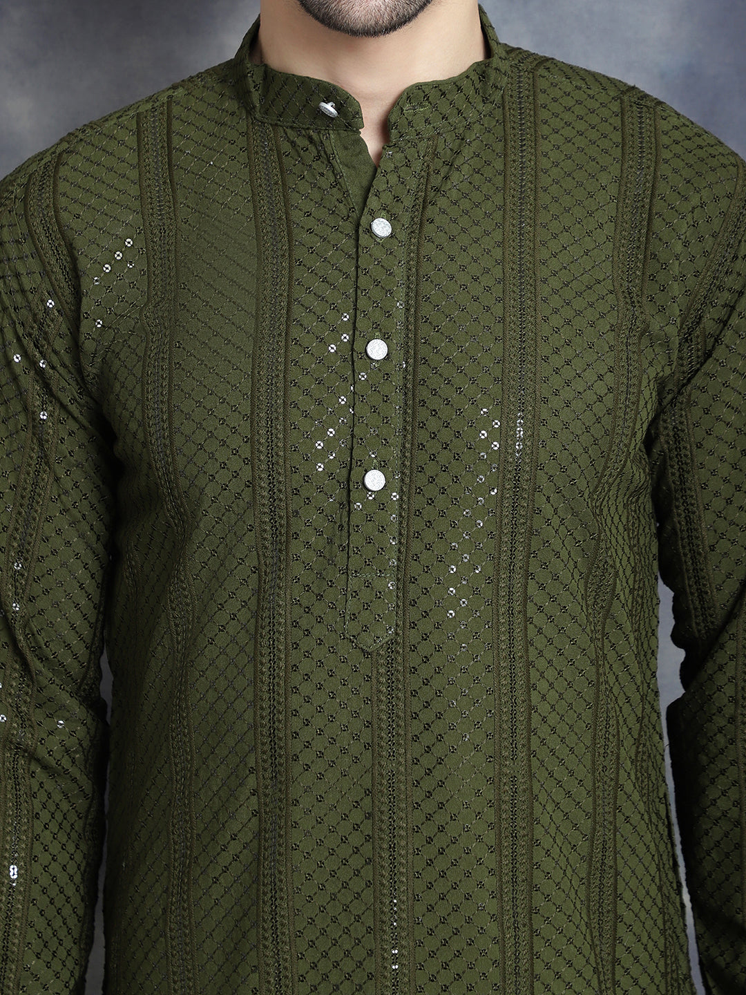 Jompers Men's Sequins Chikankari Embroidered Kurta with Pyjama - Mehndi