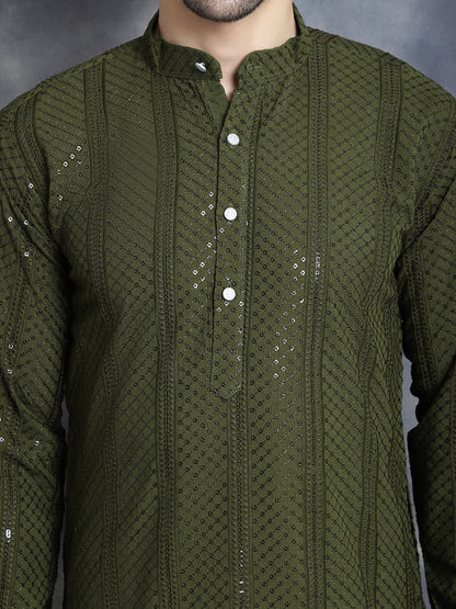 Jompers Men's Sequins Chikankari Embroidered Kurta with Pyjama - Mehndi