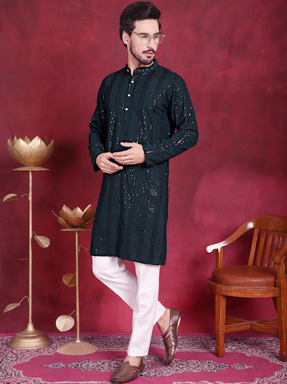 Jompers Men's Sequins Chikankari Embroidered Kurta with Pyjama - Olive