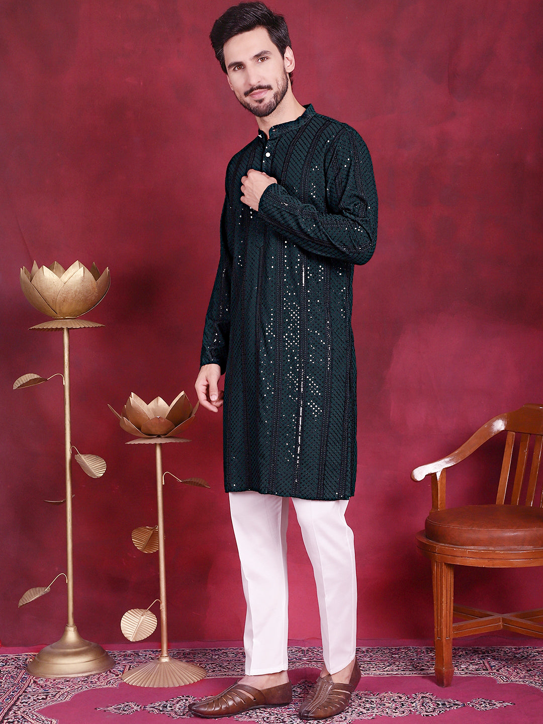 Jompers Men's Sequins Chikankari Embroidered Kurta with Pyjama - Olive