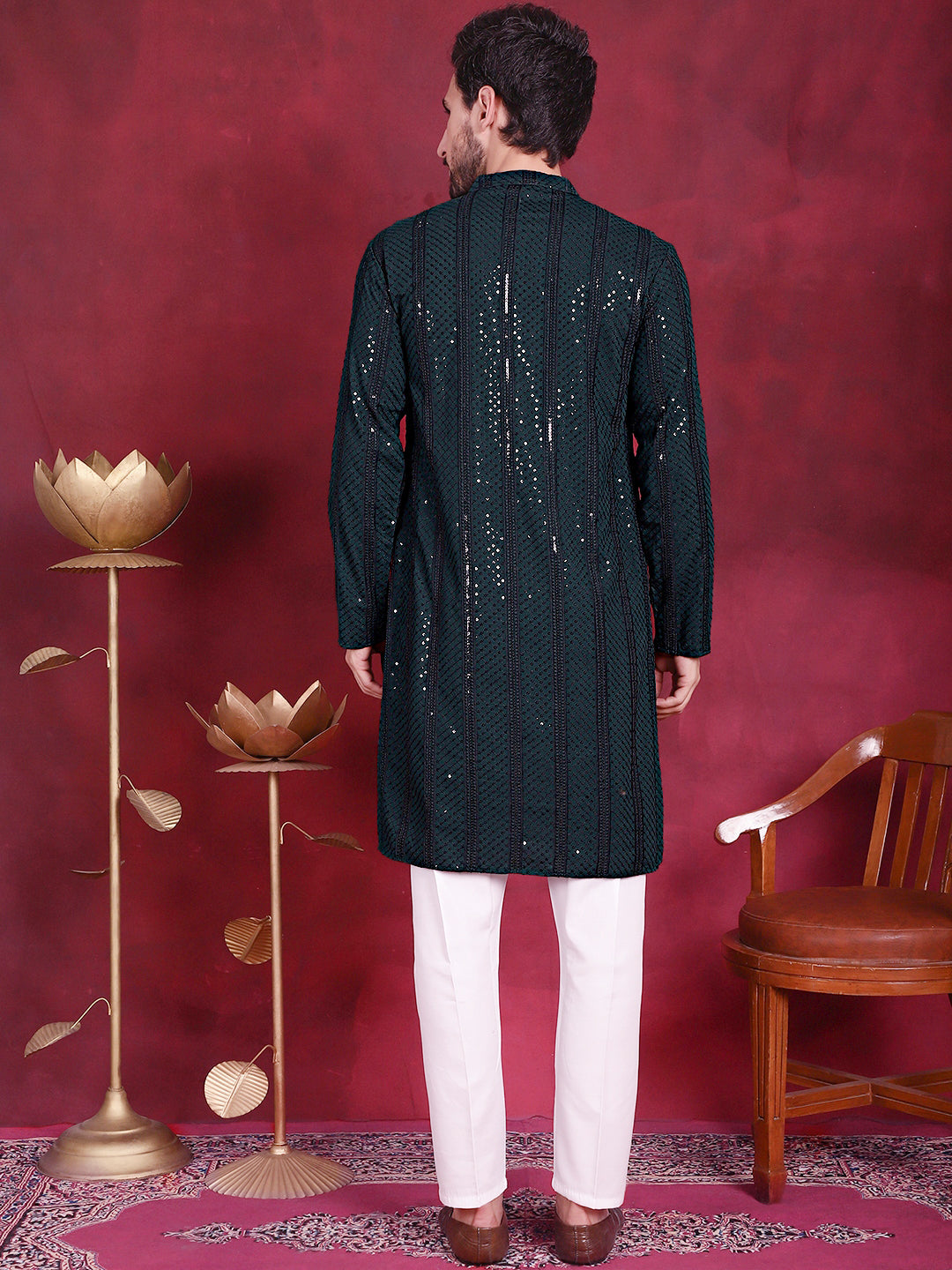 Jompers Men's Sequins Chikankari Embroidered Kurta with Pyjama - Olive