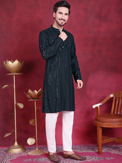 Jompers Men's Sequins Chikankari Embroidered Kurta with Pyjama - Olive