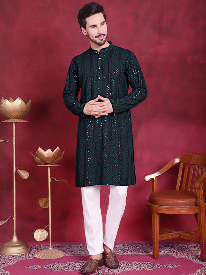 Jompers Men's Sequins Chikankari Embroidered Kurta with Pyjama - Olive