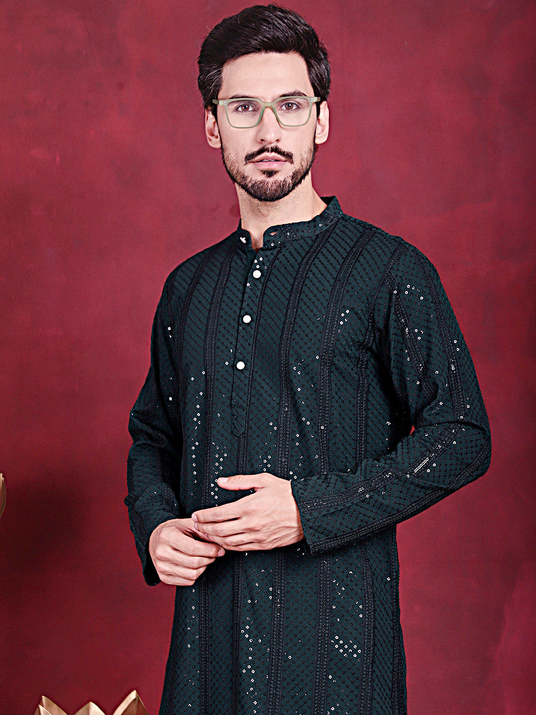 Jompers Men's Sequins Chikankari Embroidered Kurta with Pyjama - Olive