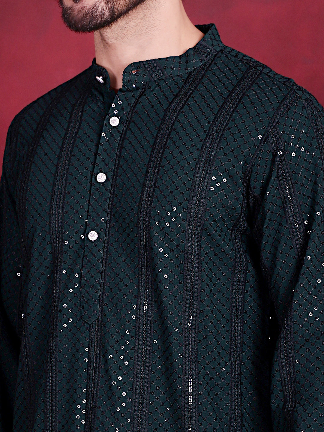 Jompers Men's Sequins Chikankari Embroidered Kurta with Pyjama - Olive