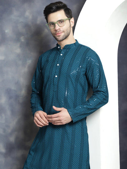 Jompers Men's Sequins Chikankari Embroidered Kurta with Pyjama - Peacock