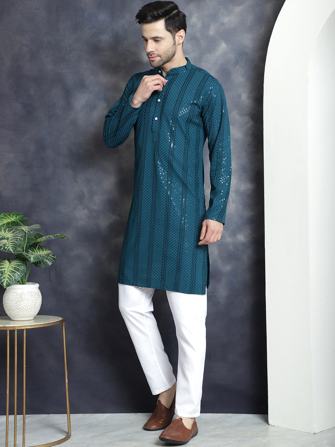 Jompers Men's Sequins Chikankari Embroidered Kurta with Pyjama - Peacock