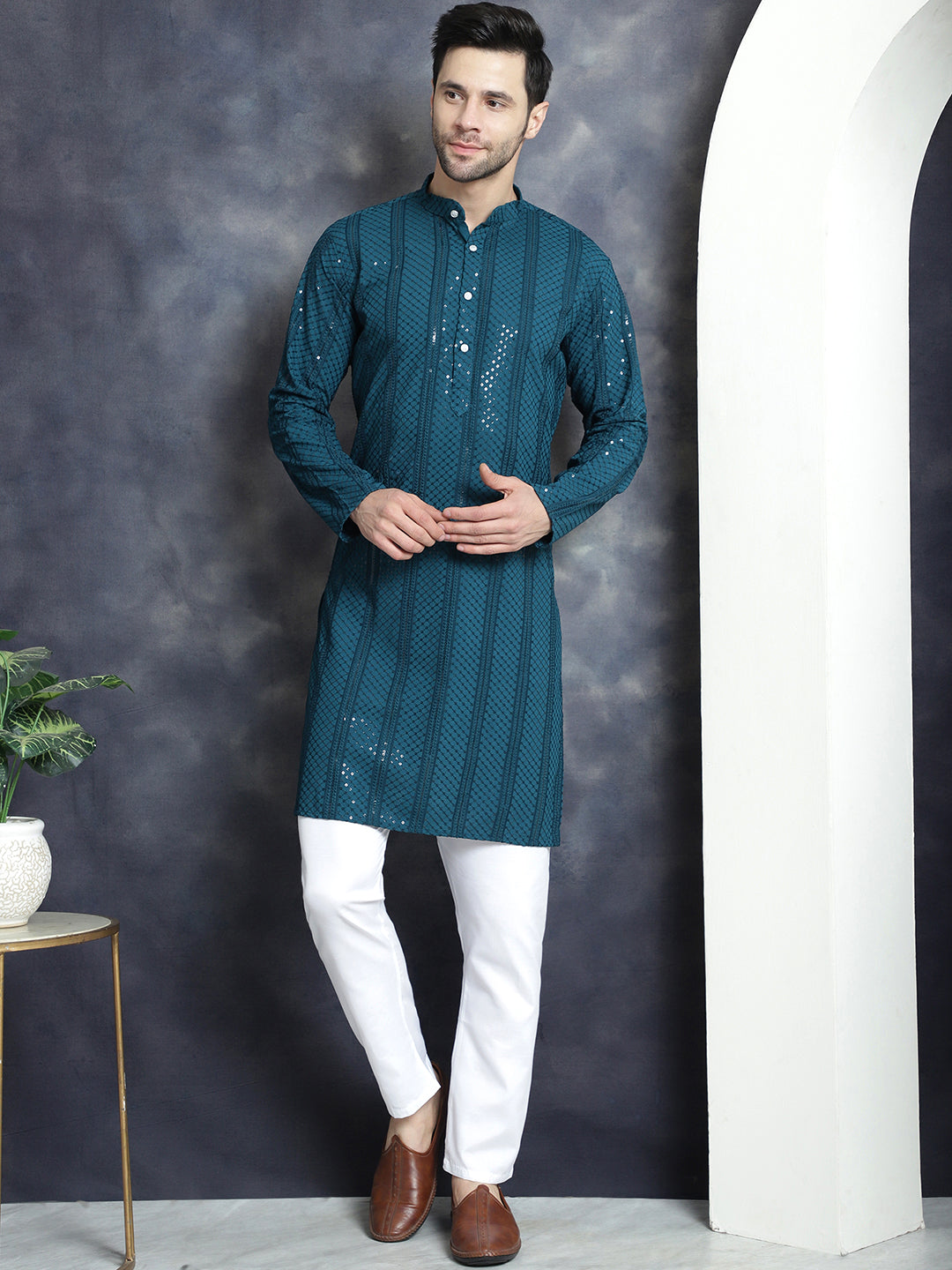 Jompers Men's Sequins Chikankari Embroidered Kurta with Pyjama - Peacock