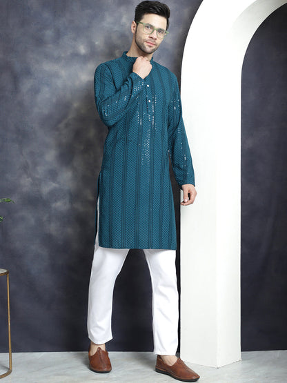 Jompers Men's Sequins Chikankari Embroidered Kurta with Pyjama - Peacock