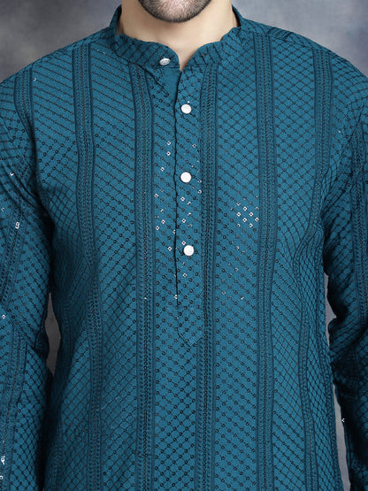 Jompers Men's Sequins Chikankari Embroidered Kurta with Pyjama - Peacock