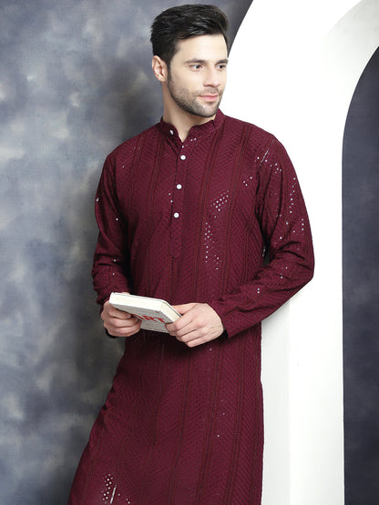 Jompers Men's Sequins Chikankari Embroidered Kurta with Pyjama - Purple