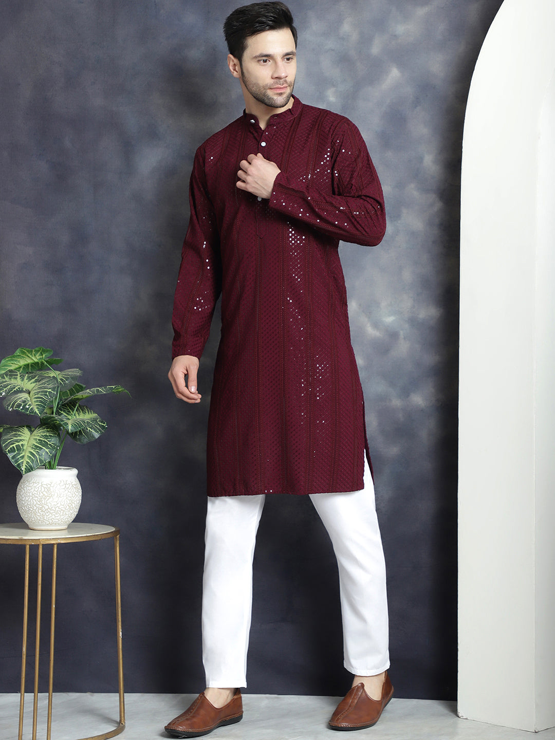 Jompers Men's Sequins Chikankari Embroidered Kurta with Pyjama - Purple