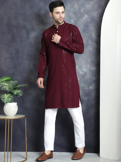 Jompers Men's Sequins Chikankari Embroidered Kurta with Pyjama - Purple
