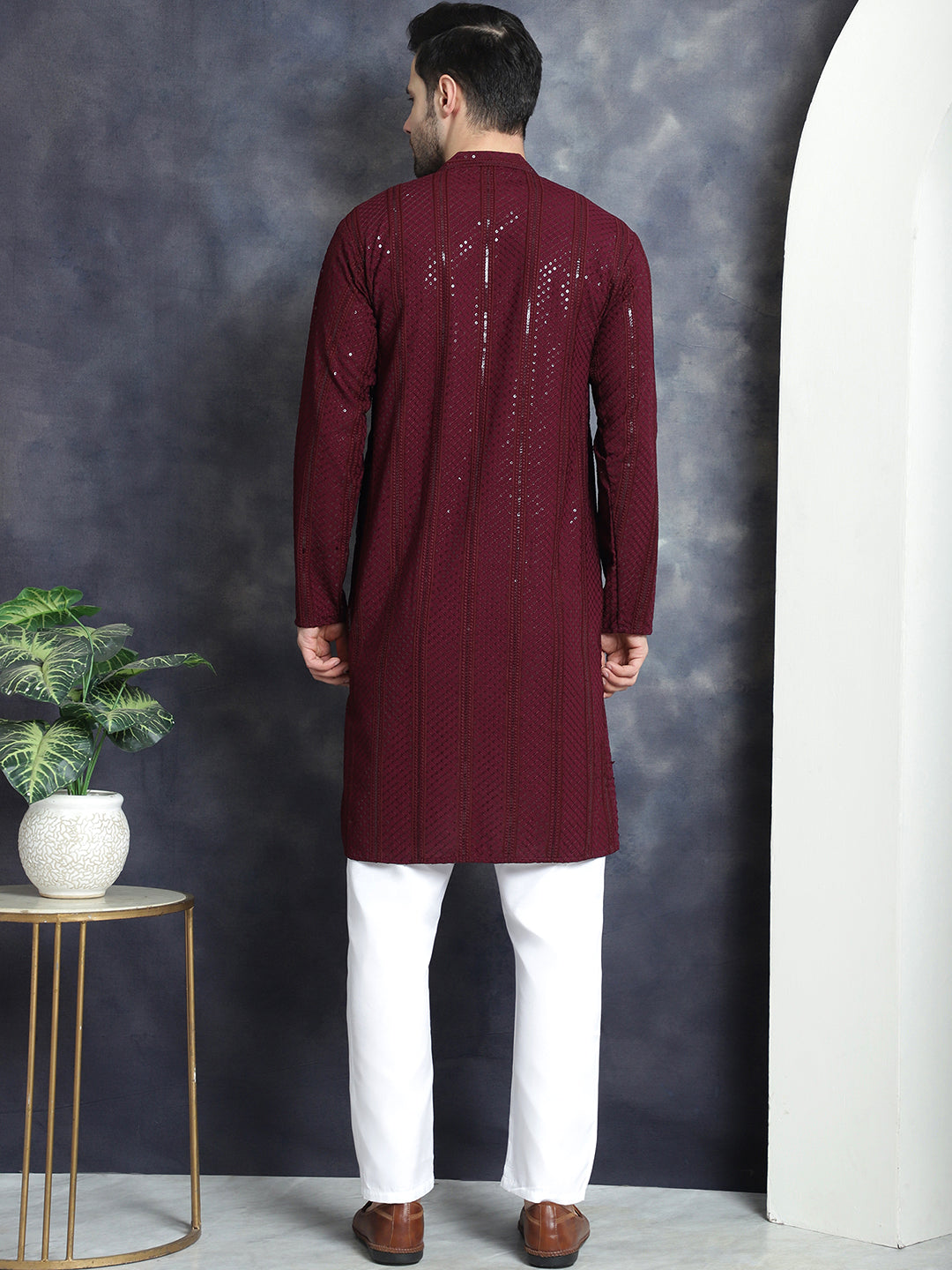 Jompers Men's Sequins Chikankari Embroidered Kurta with Pyjama - Purple