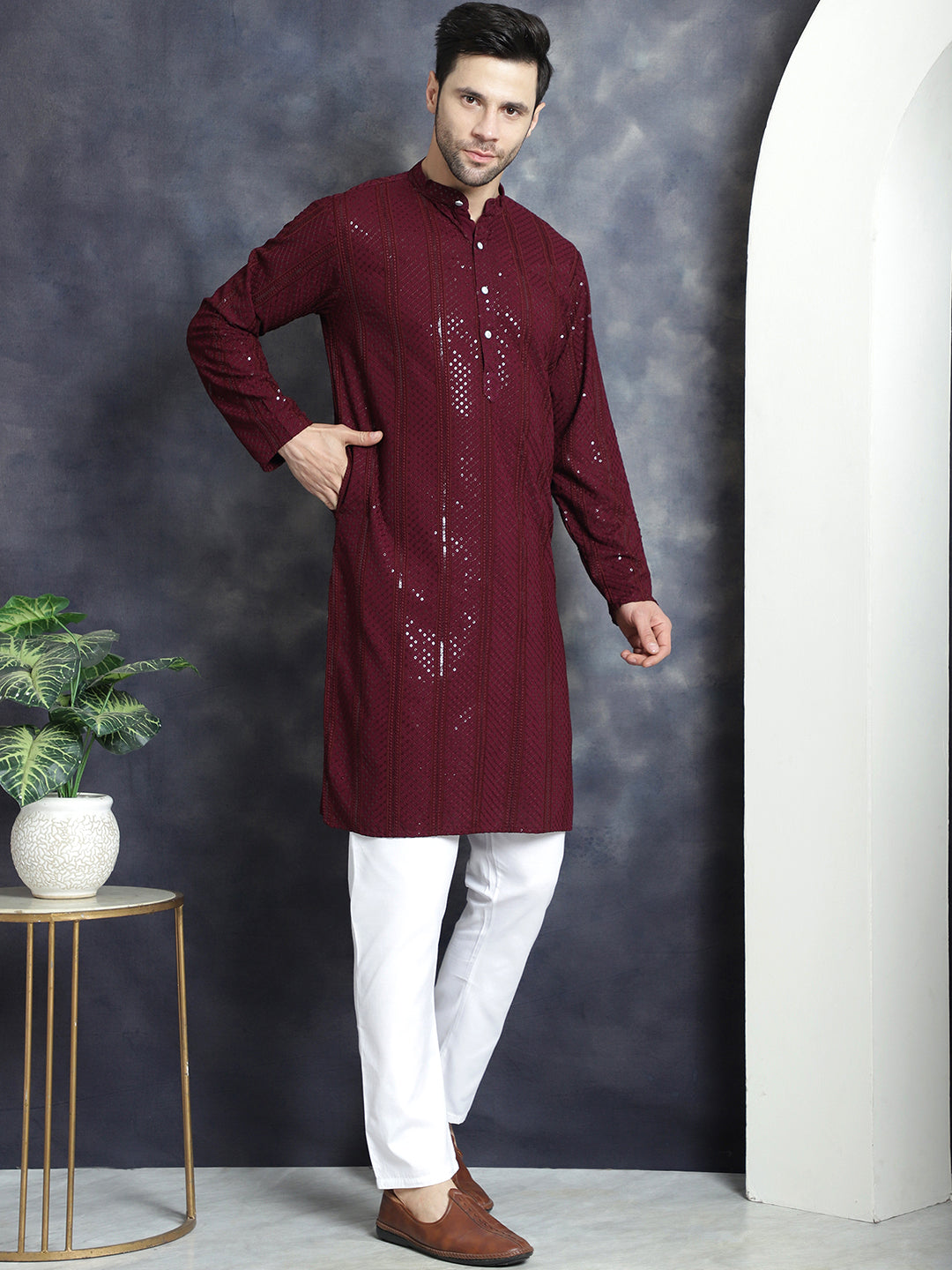 Jompers Men's Sequins Chikankari Embroidered Kurta with Pyjama - Purple