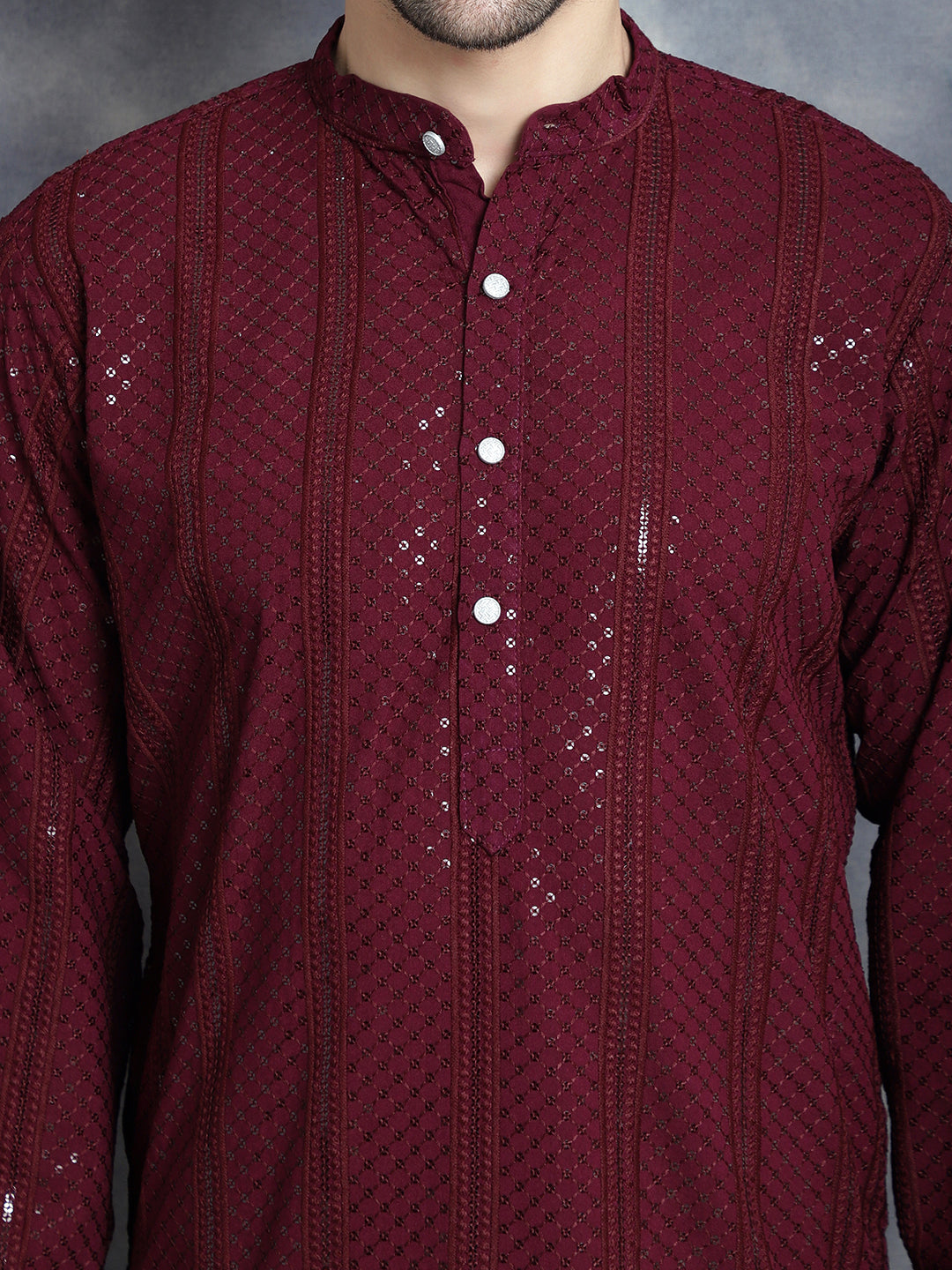 Jompers Men's Sequins Chikankari Embroidered Kurta with Pyjama - Purple