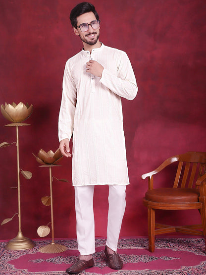 Jompers Men's Sequins Chikankari Embroidered Kurta with Pyjama - White