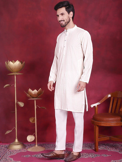 Jompers Men's Sequins Chikankari Embroidered Kurta with Pyjama - White