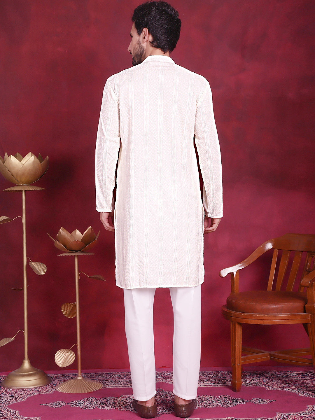 Jompers Men's Sequins Chikankari Embroidered Kurta with Pyjama - White