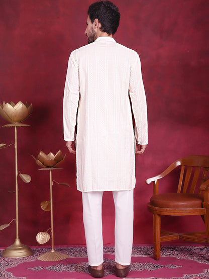 Jompers Men's Sequins Chikankari Embroidered Kurta with Pyjama - White