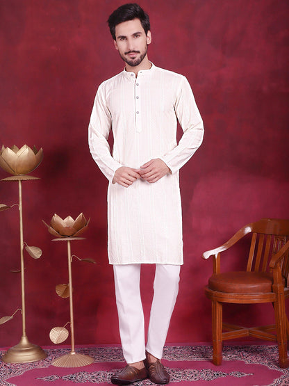 Jompers Men's Sequins Chikankari Embroidered Kurta with Pyjama - White