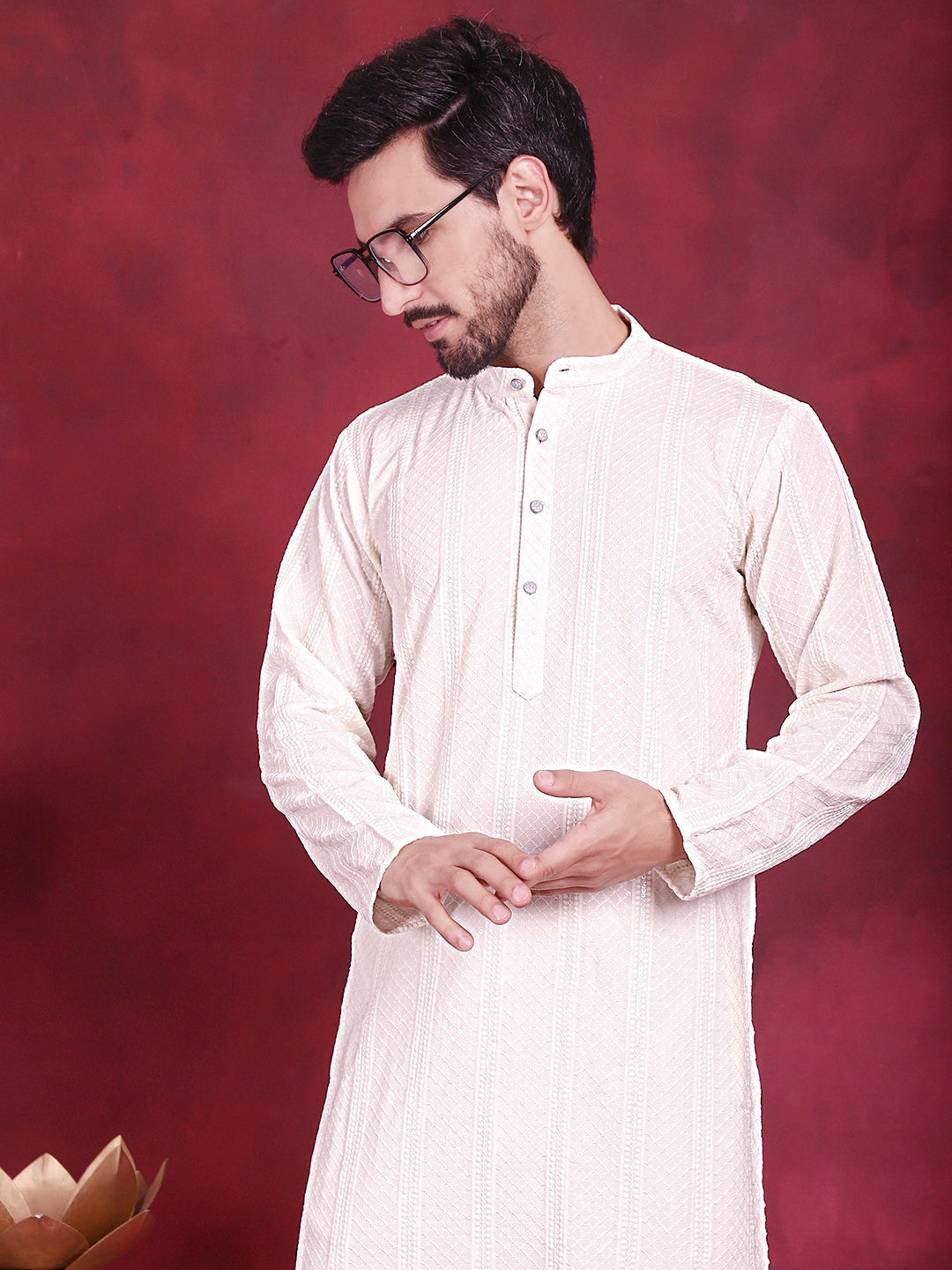 Jompers Men's Sequins Chikankari Embroidered Kurta with Pyjama - White
