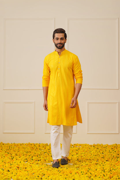 Jompers Men's Sequins Chikankari Embroidered Kurta with Pyjama - Yellow