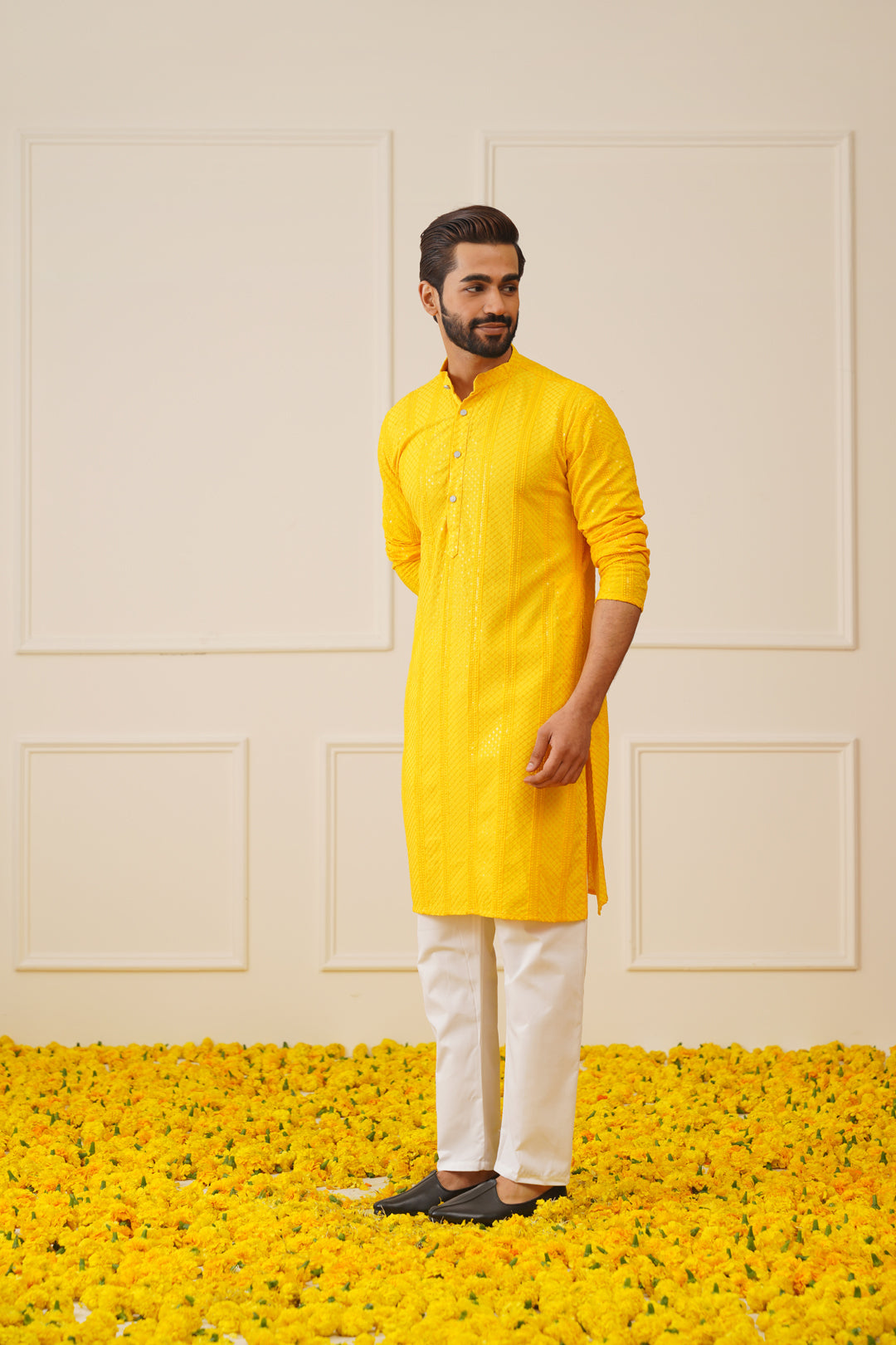 Jompers Men's Sequins Chikankari Embroidered Kurta with Pyjama - Yellow