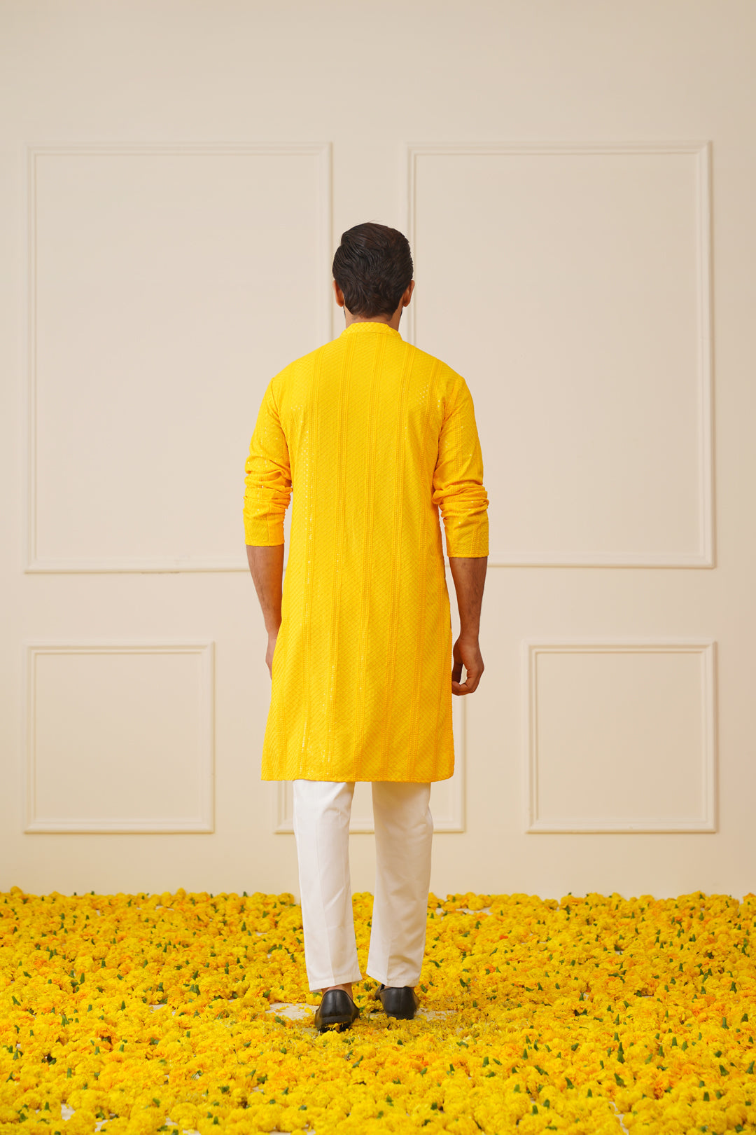 Jompers Men's Sequins Chikankari Embroidered Kurta with Pyjama - Yellow