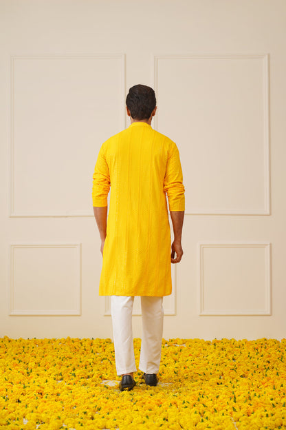 Jompers Men's Sequins Chikankari Embroidered Kurta with Pyjama - Yellow