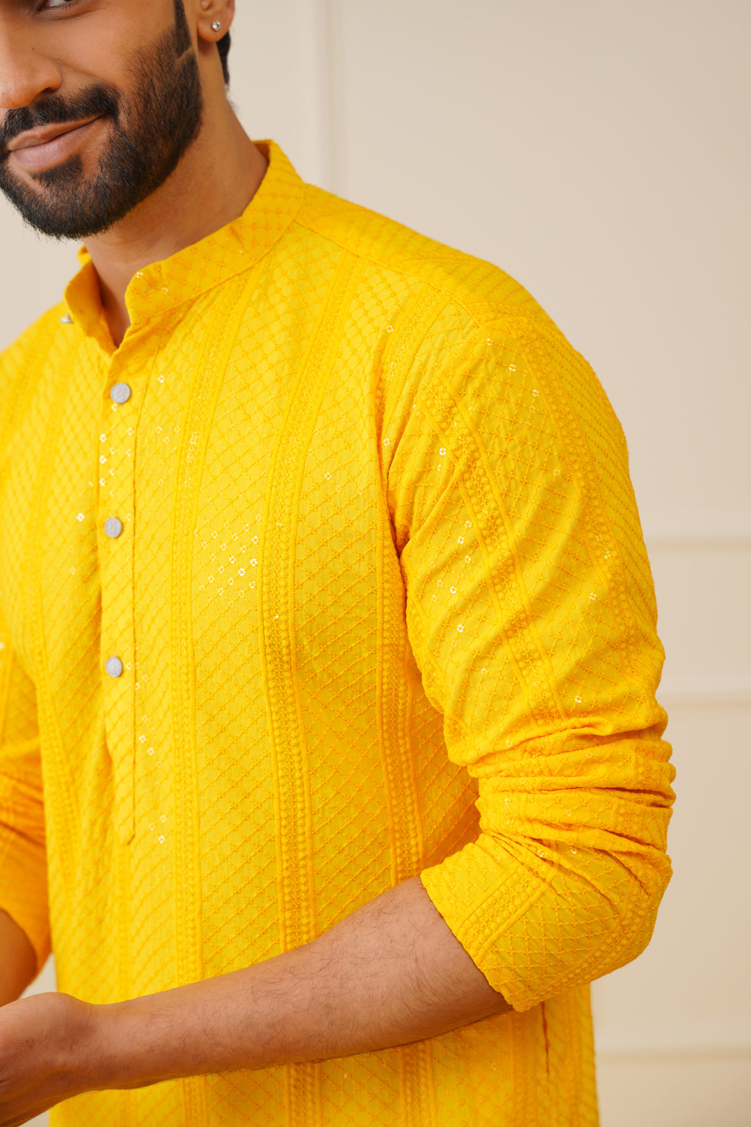 Jompers Men's Sequins Chikankari Embroidered Kurta with Pyjama - Yellow