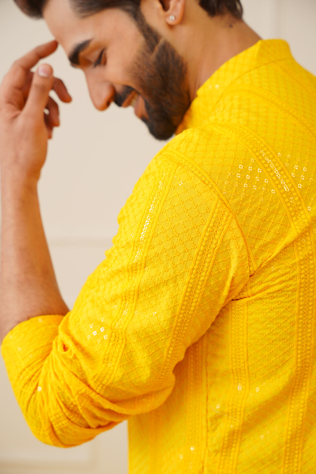 Jompers Men's Sequins Chikankari Embroidered Kurta with Pyjama - Yellow